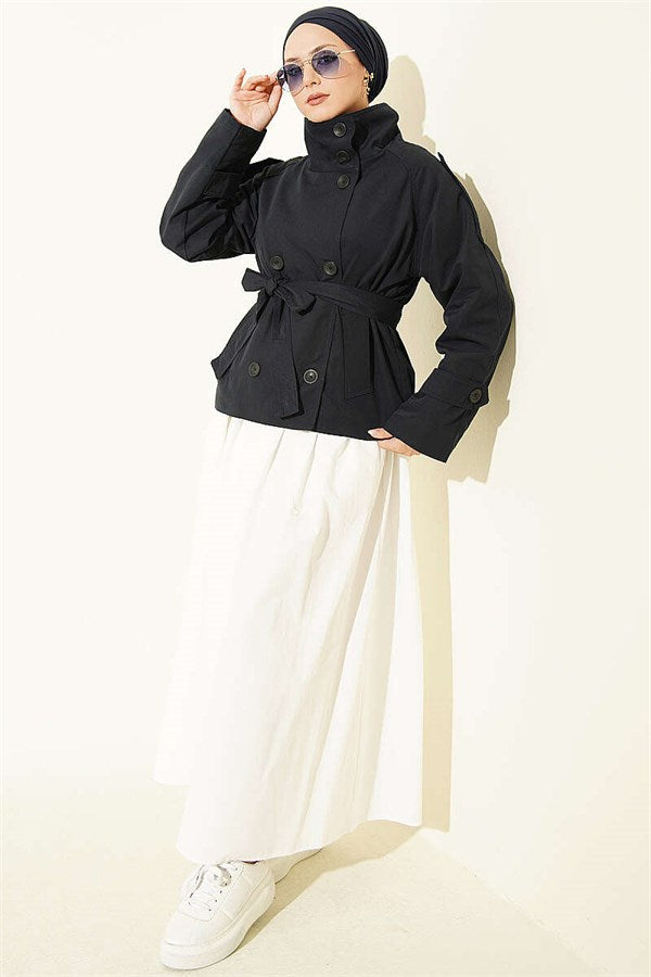 Double-Button Belted Short Trench Coat, Navy Blue