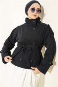 Double-Button Belted Short Trench Coat, Navy Blue