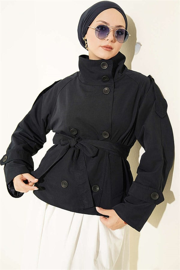 Double-Button Belted Short Trench Coat, Navy Blue