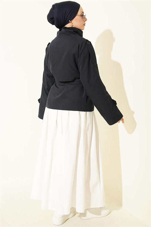 Double-Button Belted Short Trench Coat, Navy Blue