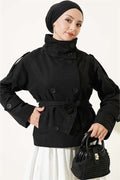 Double-Button Belted Short Trench Coat, Black