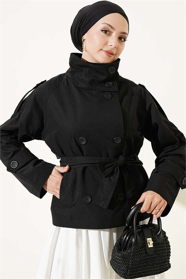 Double-Button Belted Short Trench Coat, Black