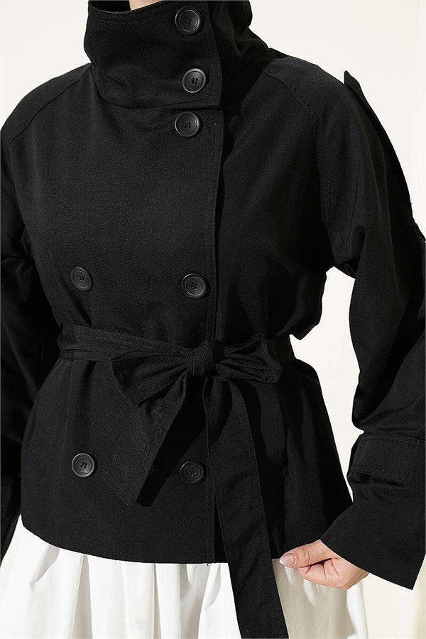 Double-Button Belted Short Trench Coat, Black