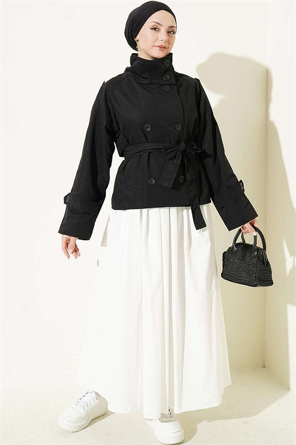Double-Button Belted Short Trench Coat, Black