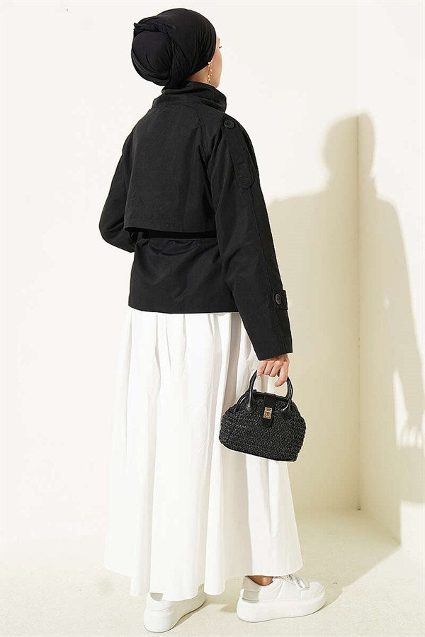 Double-Button Belted Short Trench Coat, Black