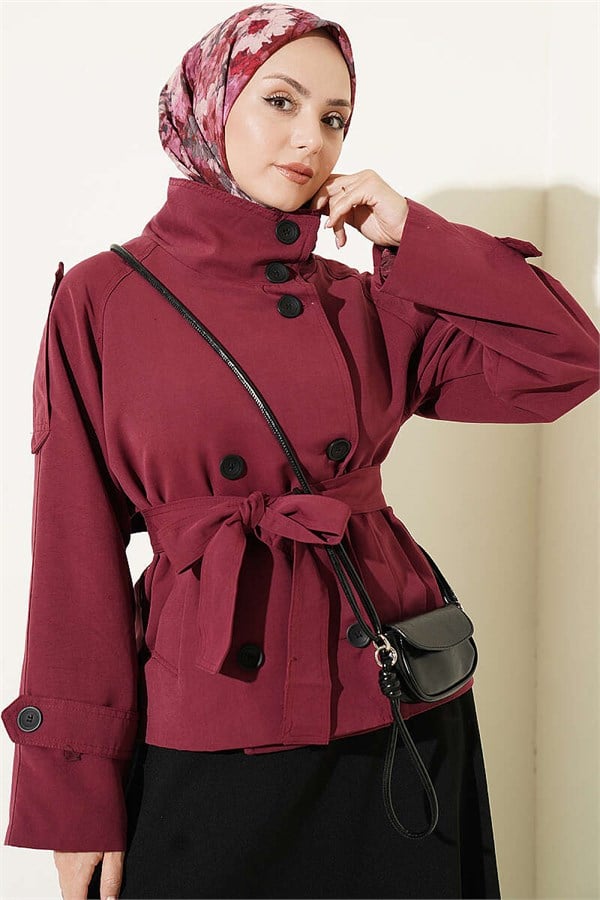 Double-Buttoned Belted Short Trench Coat, Cherry Red