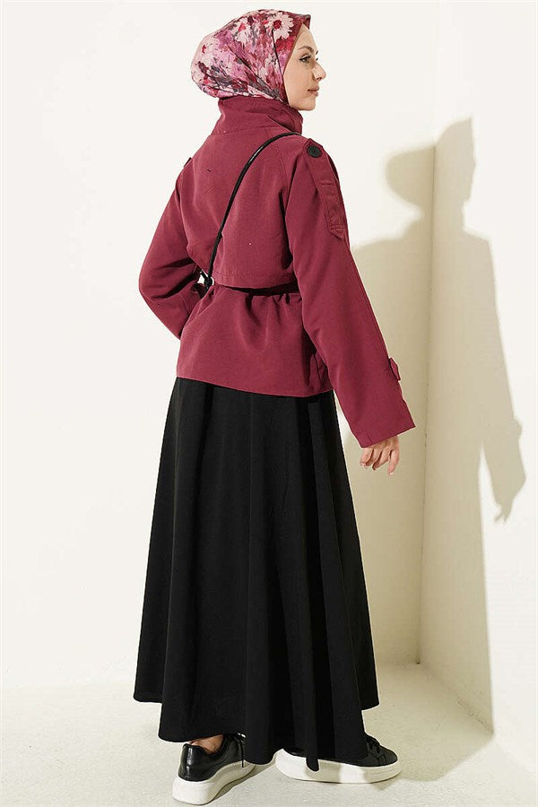 Double-Buttoned Belted Short Trench Coat, Cherry Red