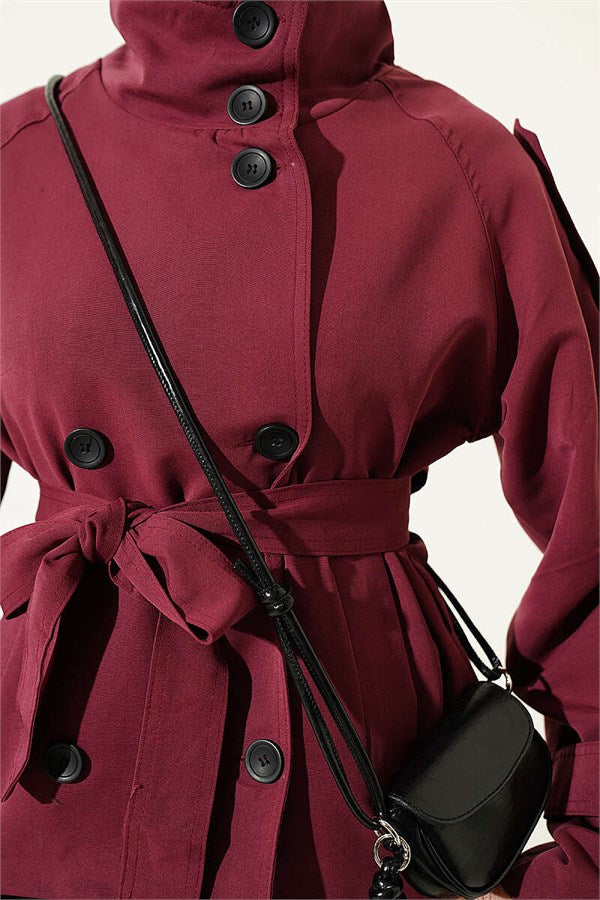 Double-Buttoned Belted Short Trench Coat, Cherry Red