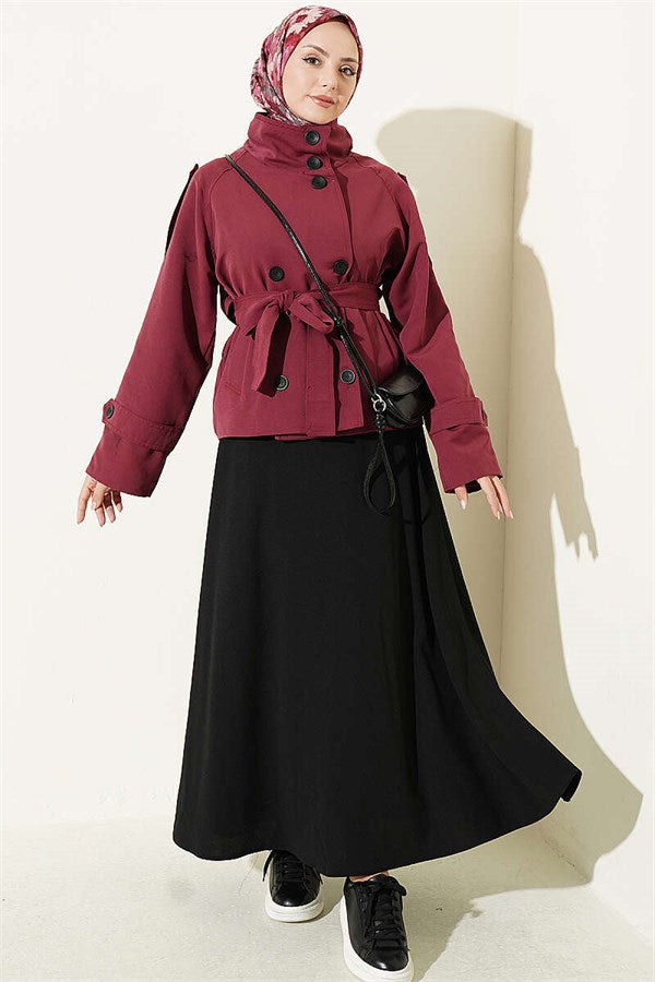 Double-Buttoned Belted Short Trench Coat, Cherry Red