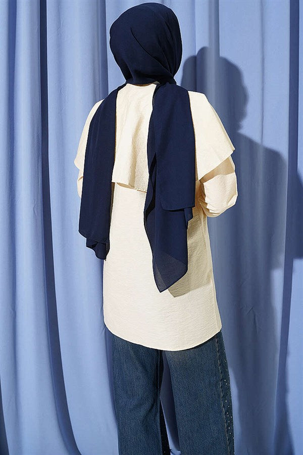 Double-Button Shoulder Cape Shirt, Beige