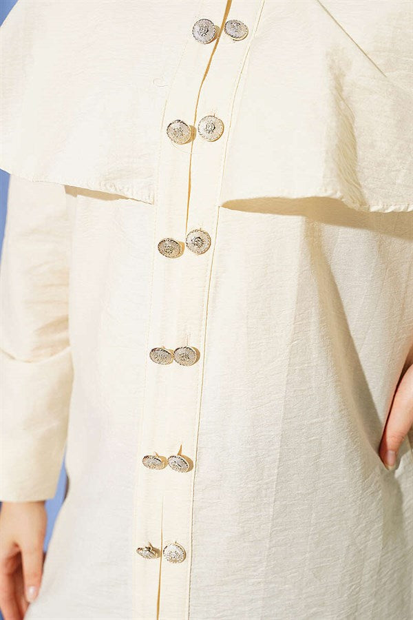 Double-Button Shoulder Cape Shirt, Beige