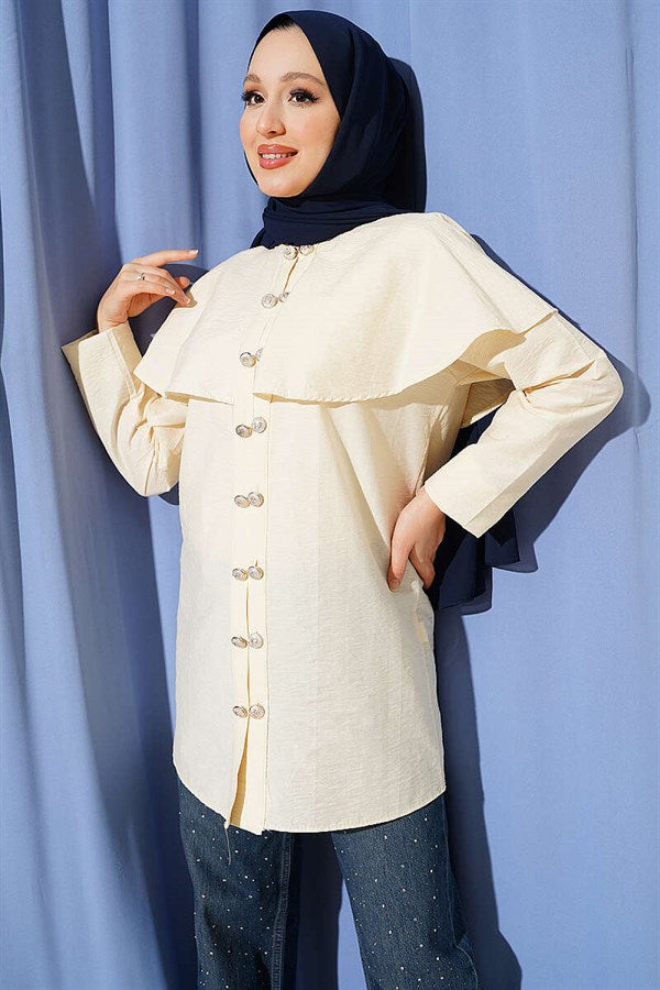 Double-Button Shoulder Cape Shirt, Beige