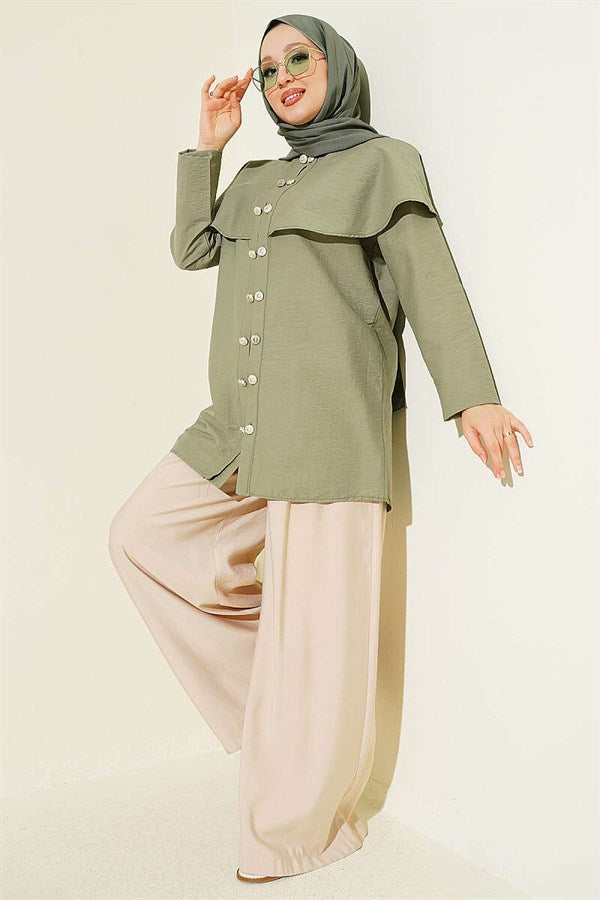 Double-Button Shoulder Cape Shirt, Khaki