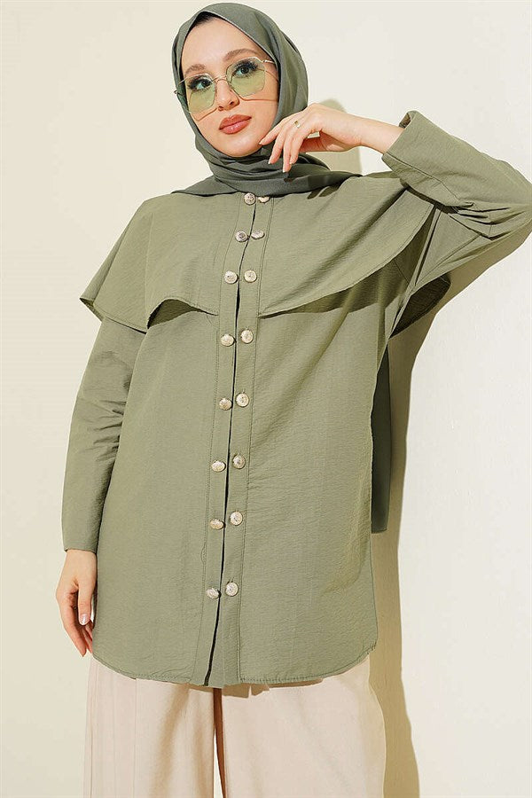 Double-Button Shoulder Cape Shirt, Khaki