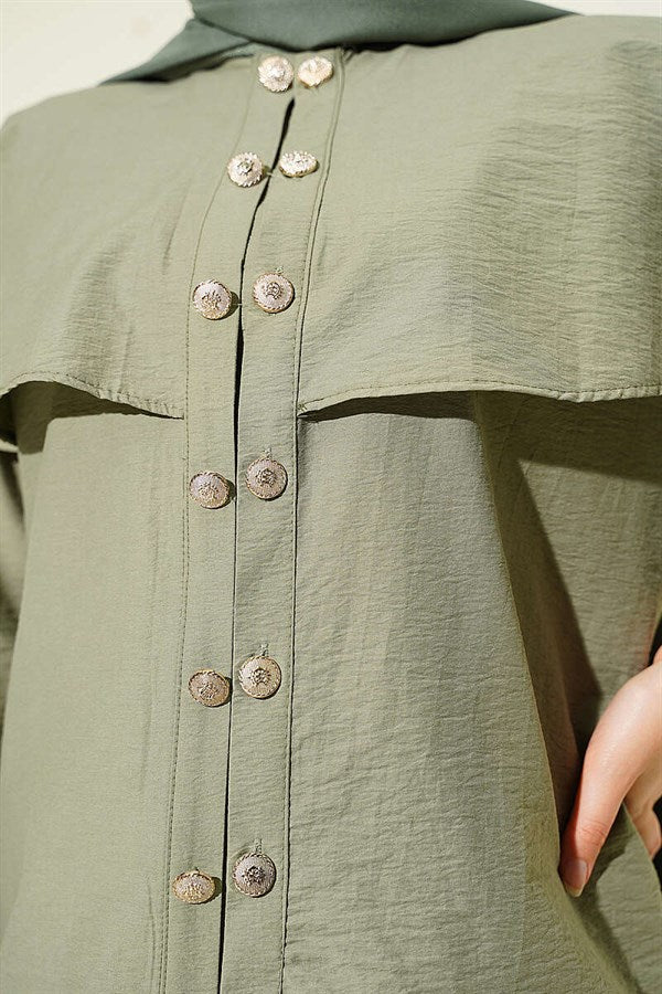 Double-Button Shoulder Cape Shirt, Khaki