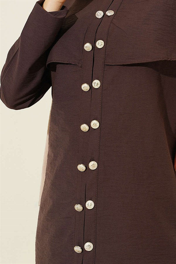 Double-Button Shoulder Cape Shirt, Coffee