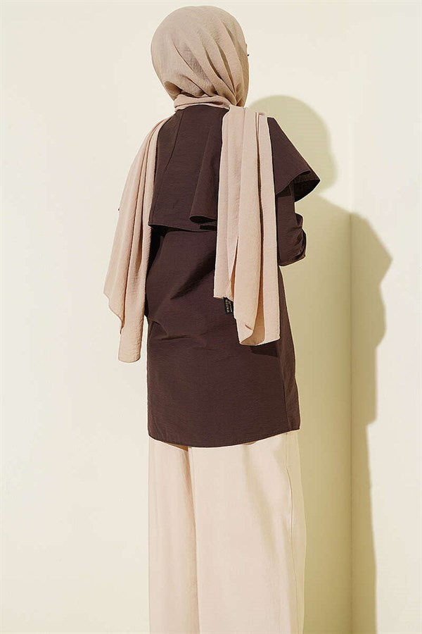 Double-Button Shoulder Cape Shirt, Coffee