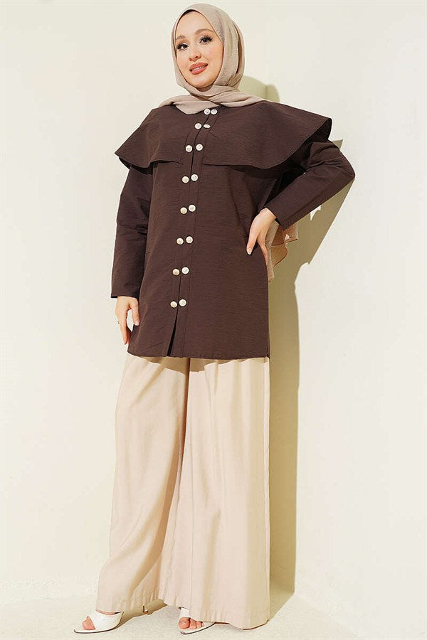 Double-Button Shoulder Cape Shirt, Coffee