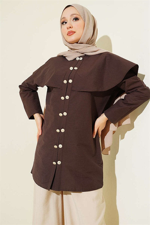 Double-Button Shoulder Cape Shirt, Coffee