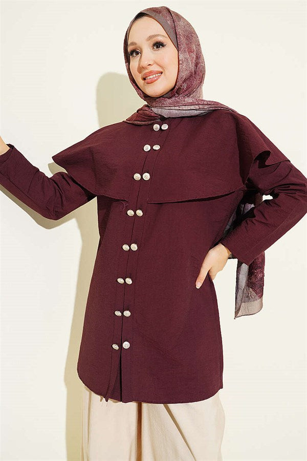 Double-Button Shoulder Cape Shirt, Plum