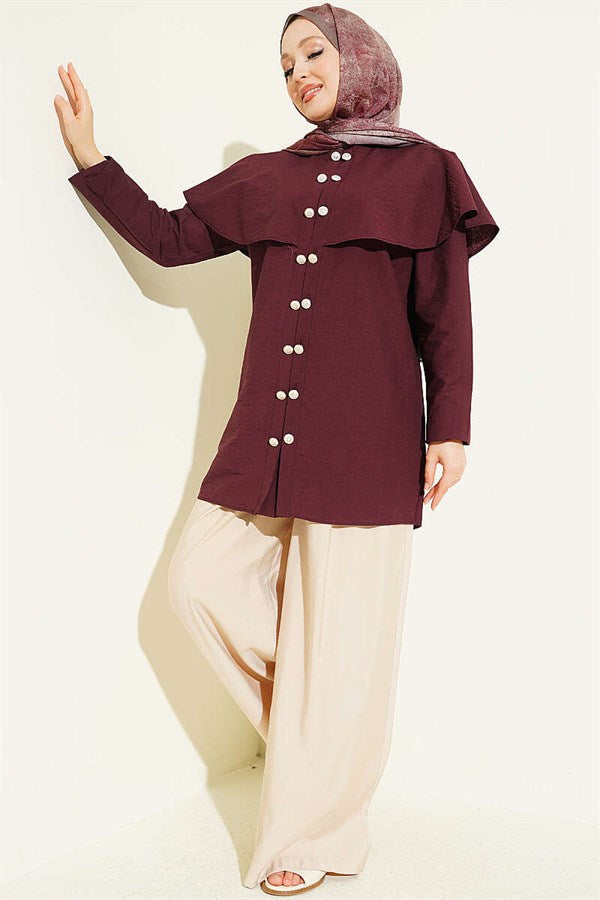 Double-Button Shoulder Cape Shirt, Plum