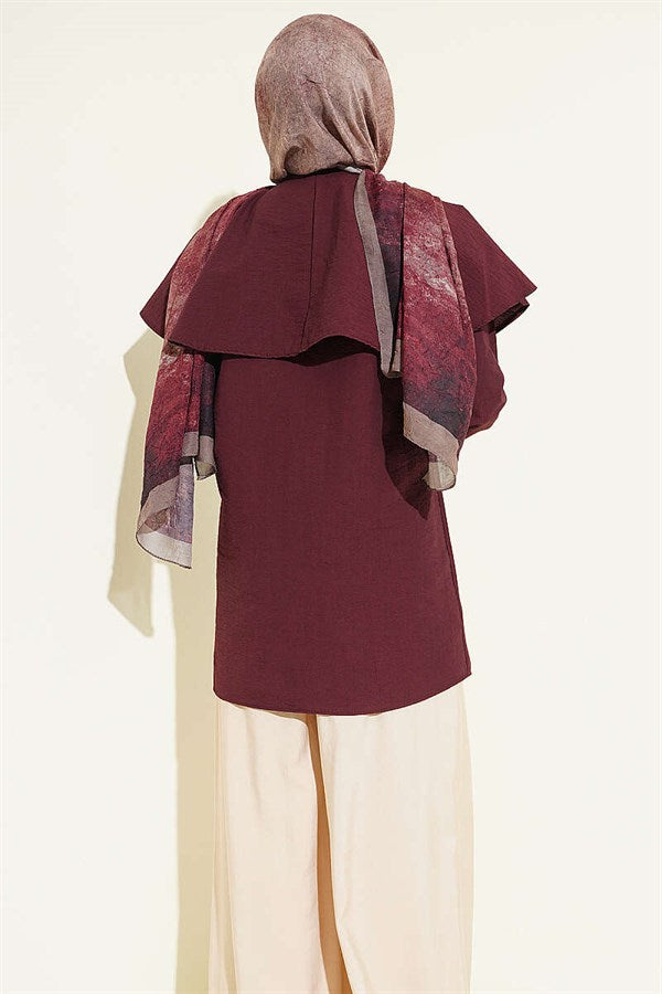 Double-Button Shoulder Cape Shirt, Plum