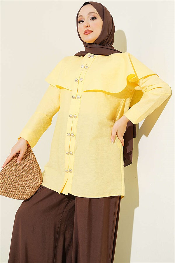 Double-Button Shoulder Cape Shirt Yellow