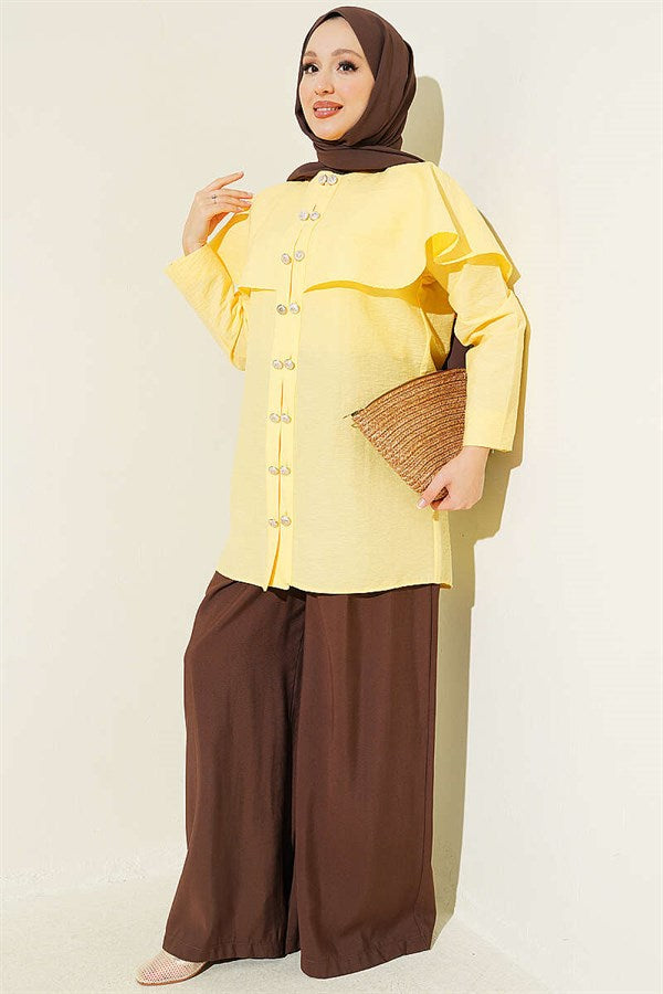 Double-Button Shoulder Cape Shirt Yellow