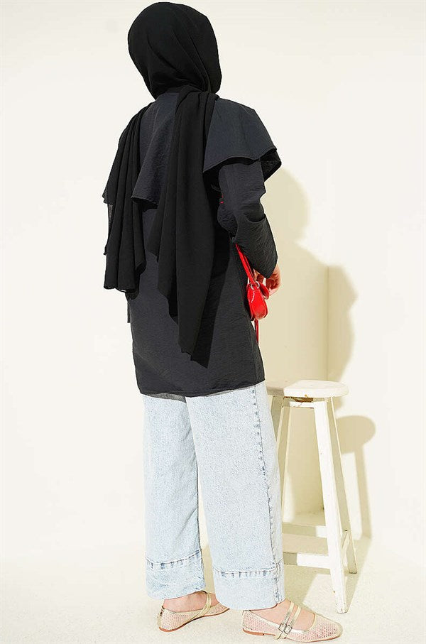 Double-Button Shoulder Cape Shirt Black