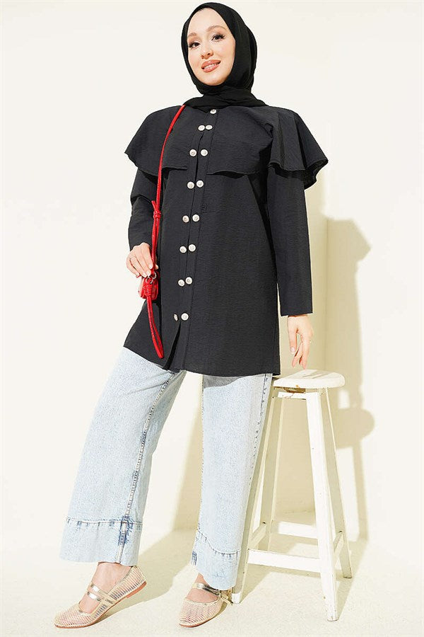 Double-Button Shoulder Cape Shirt Black