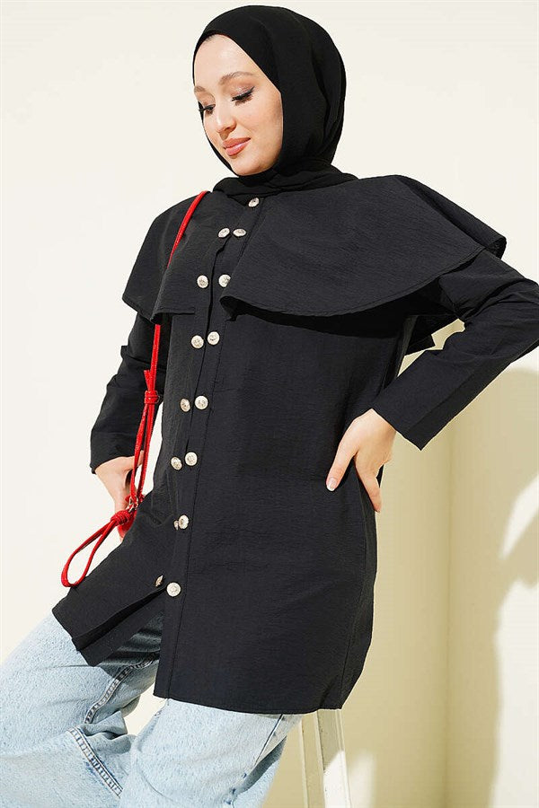 Double-Button Shoulder Cape Shirt Black