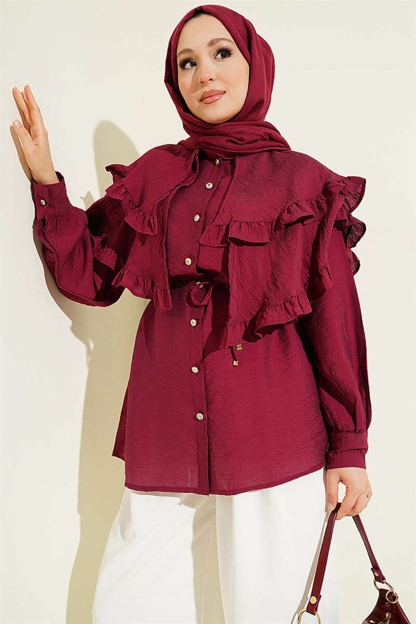 Double Ruffled Sailor Collar Shirt, Burgundy