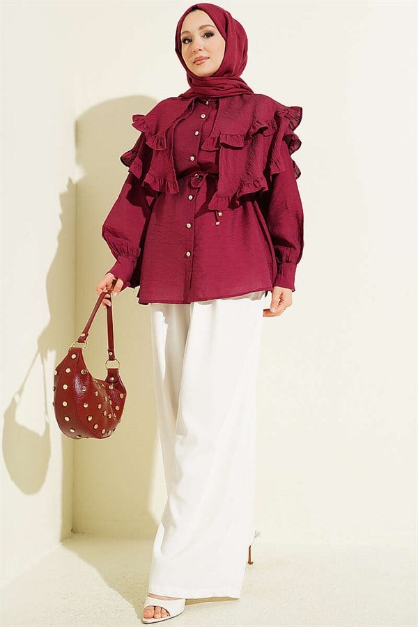 Double Ruffled Sailor Collar Shirt, Burgundy
