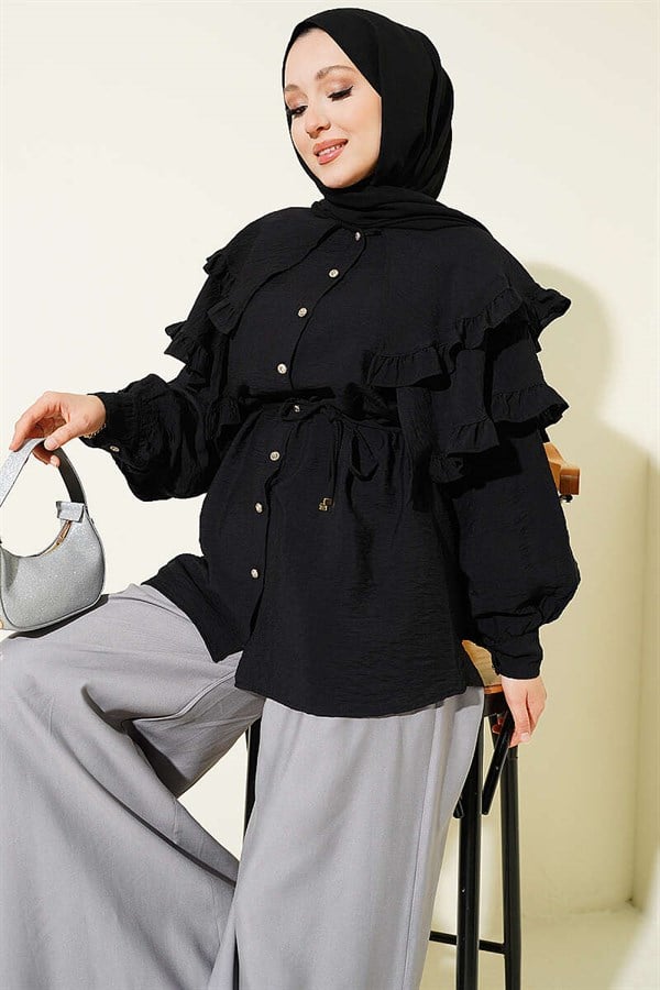 Double Ruffle Sailor Collar Shirt, Black