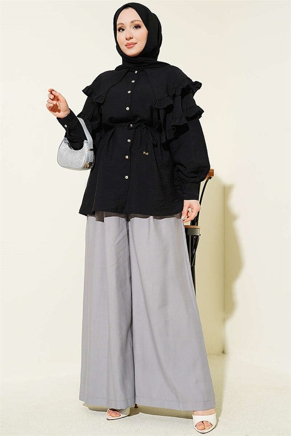 Double Ruffle Sailor Collar Shirt, Black