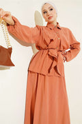 Double Ruffled Lace Belt Modal Skirt 2 Piece Set in Terracotta