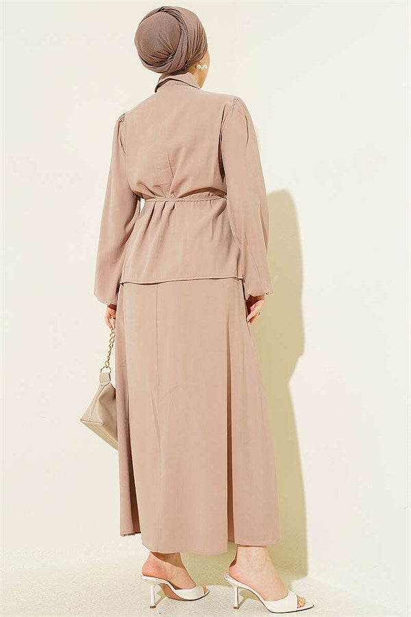 Double Ruffled Lace Belt Modal Skirt 2 Piece Set in Mink Color