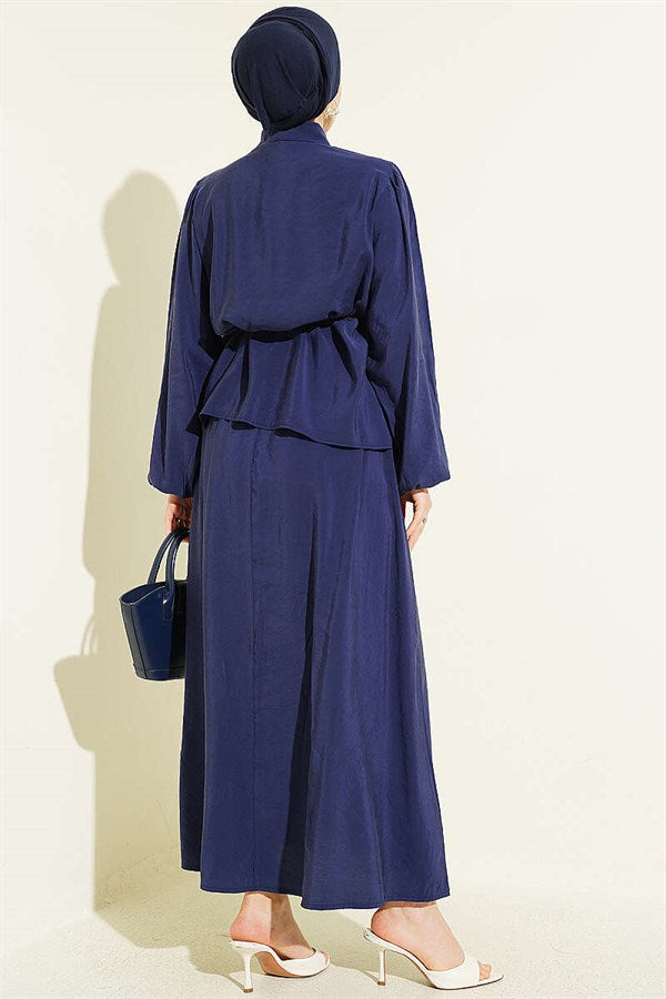 Navy Blue Modal Skirt 2 Piece Set with Double Ruffle and Strappy Belt