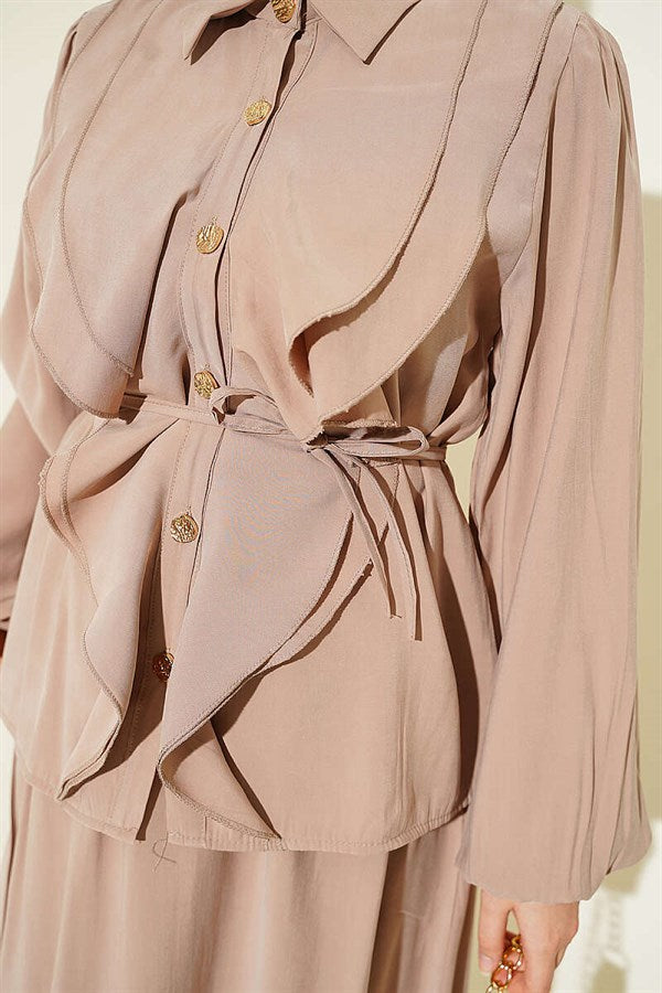 Double Ruffled Lace Belt Modal Skirt 2 Piece Set in Mink Color