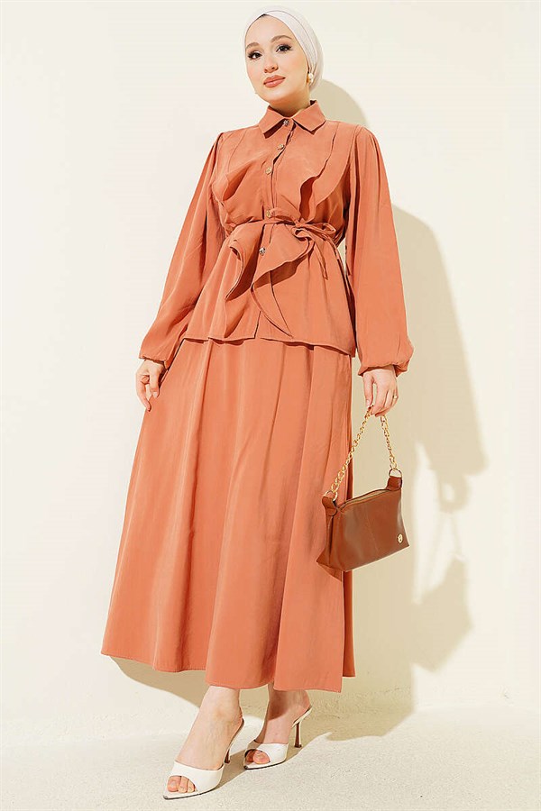 Double Ruffled Lace Belt Modal Skirt 2 Piece Set in Terracotta
