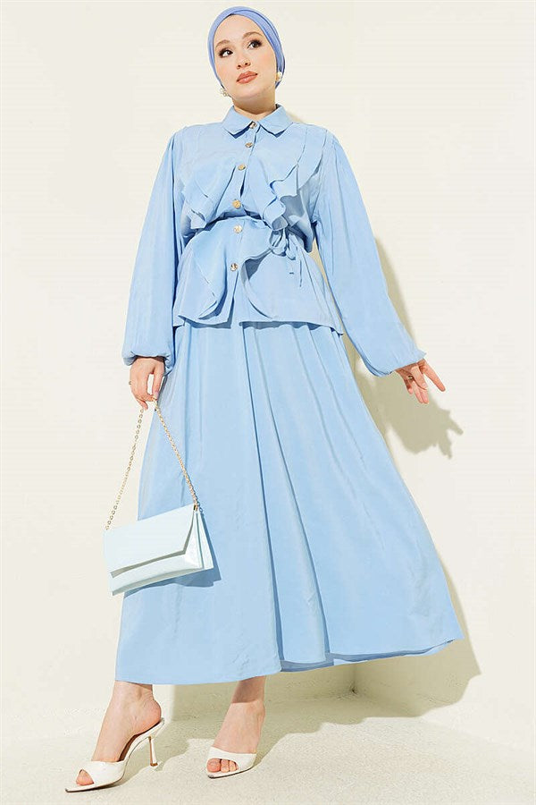 Double Ruffled Lace Belt Modal Skirt 2 Piece Set in Blue