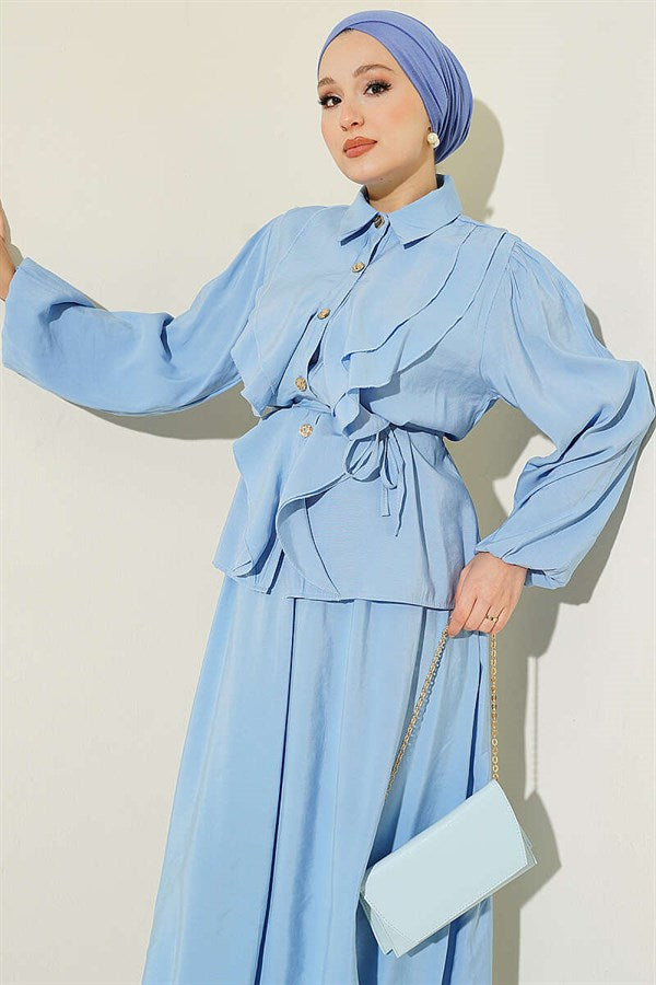 Double Ruffled Lace Belt Modal Skirt 2 Piece Set in Blue