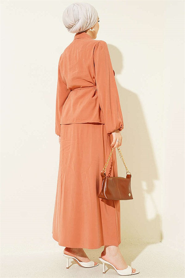 Double Ruffled Lace Belt Modal Skirt 2 Piece Set in Terracotta