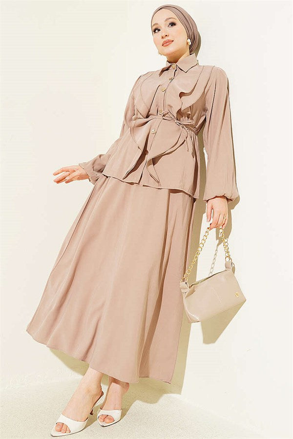 Double Ruffled Lace Belt Modal Skirt 2 Piece Set in Mink Color