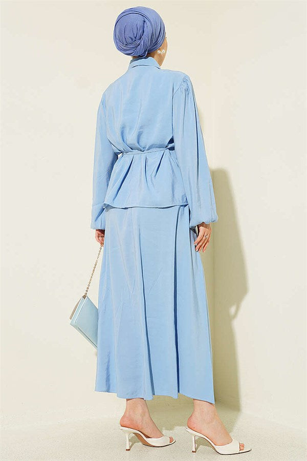 Double Ruffled Lace Belt Modal Skirt 2 Piece Set in Blue