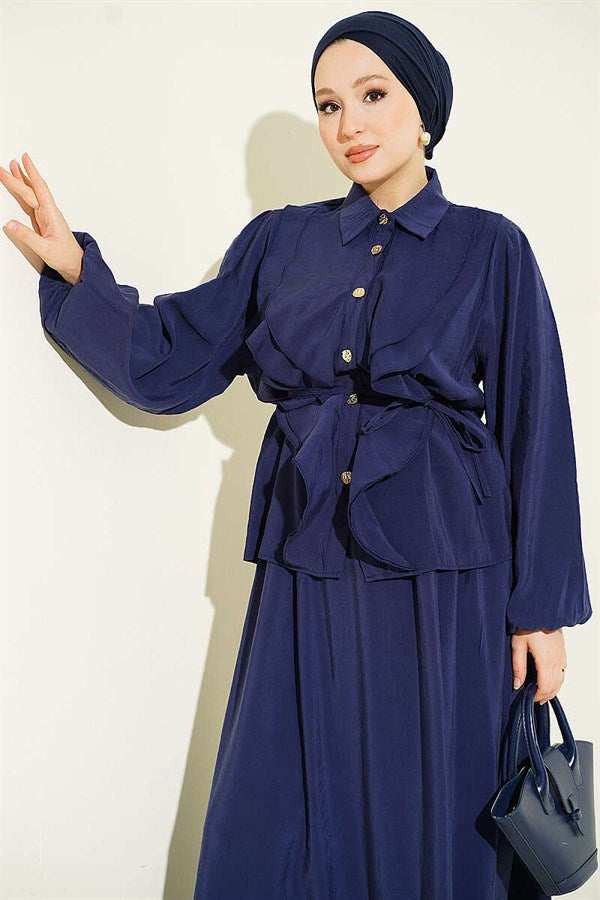 Navy Blue Modal Skirt 2 Piece Set with Double Ruffle and Strappy Belt