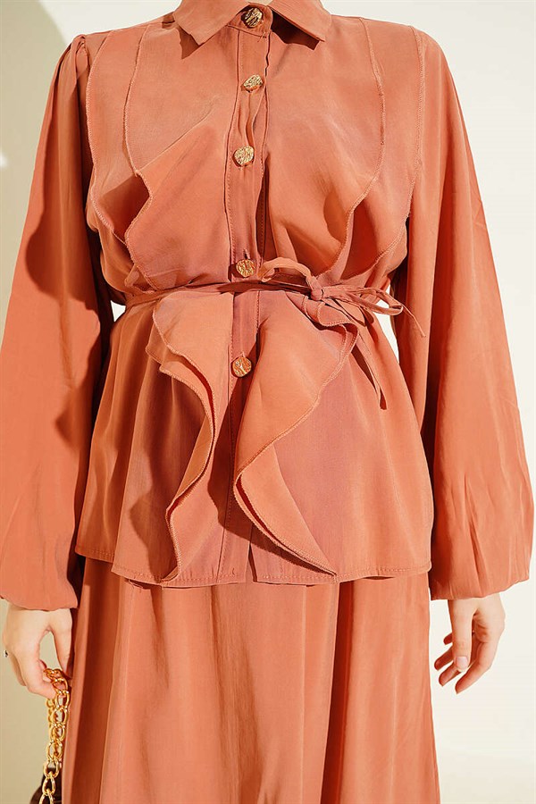 Double Ruffled Lace Belt Modal Skirt 2 Piece Set in Terracotta
