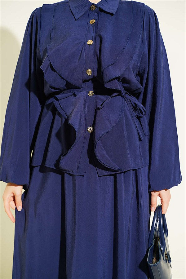 Navy Blue Modal Skirt 2 Piece Set with Double Ruffle and Strappy Belt