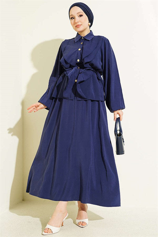 Navy Blue Modal Skirt 2 Piece Set with Double Ruffle and Strappy Belt