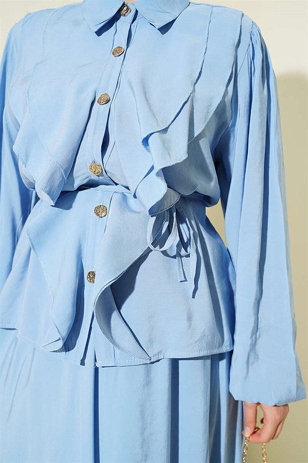 Double Ruffled Lace Belt Modal Skirt 2 Piece Set in Blue
